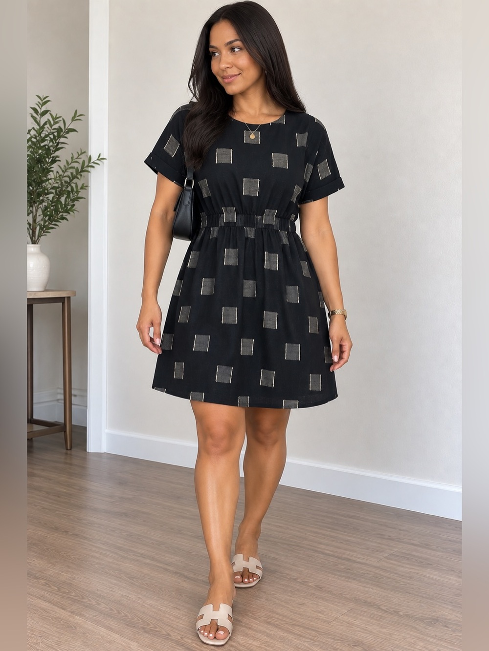 BNWOT Black Square Print Cotton Dress Size S